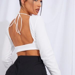 White backless long sleeve crop top